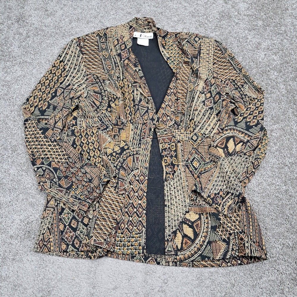 N Touch Womens Geometric Tribal Print Open Front Cardigan Brown Tan Black Size L